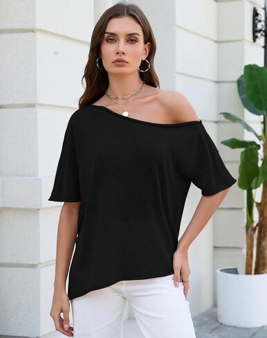 Womens Off The Shoulder Knit Tops Summer Short Sleeve Roll Hem Asymmetrical Linen T Shirts 2026 in Saudi Arabia