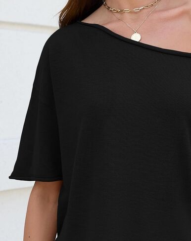 Womens Off The Shoulder Knit Tops Summer Short Sleeve Roll Hem Asymmetrical Linen T Shirts 2026 in Saudi Arabia