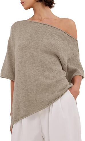 Womens Off The Shoulder Knit Tops Summer Short Sleeve Roll Hem Asymmetrical Linen T Shirts 2026 in Saudi Arabia