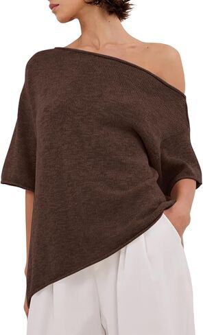 Womens Off The Shoulder Knit Tops Summer Short Sleeve Roll Hem Asymmetrical Linen T Shirts 2026 in Saudi Arabia
