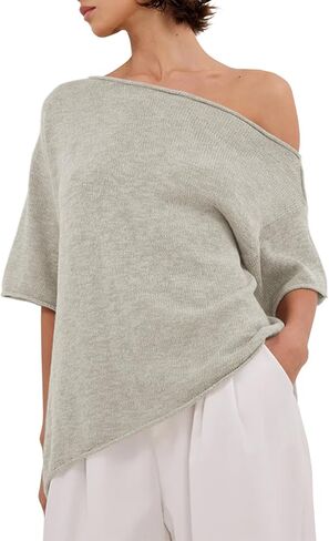 Womens Off The Shoulder Knit Tops Summer Short Sleeve Roll Hem Asymmetrical Linen T Shirts 2026 in Saudi Arabia