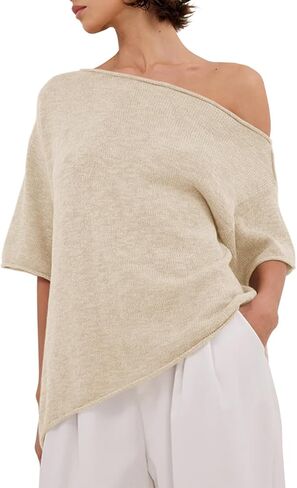 Womens Off The Shoulder Knit Tops Summer Short Sleeve Roll Hem Asymmetrical Linen T Shirts 2026 in Saudi Arabia
