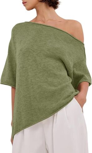 Womens Off The Shoulder Knit Tops Summer Short Sleeve Roll Hem Asymmetrical Linen T Shirts 2026 in Saudi Arabia