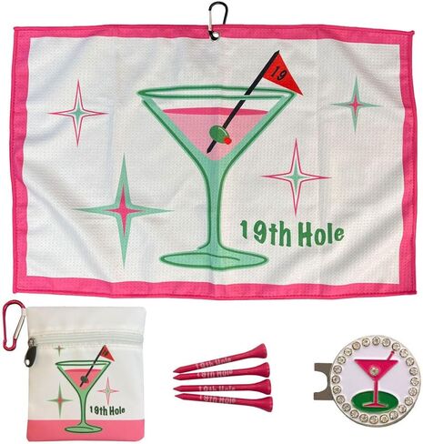 Martini Par 3 Pack for Women, Microfiber Waffle Weave Golf Towel, Tee Bag with Tees and Bling Ball Marker with Magnetic Hat Clip (19th Hole) in Kuwait