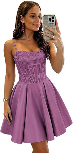 ZHengquan Satin Corset Homecoming Dresses Short for Teens 2026 Sparkly Spaghetti Straps Cocktail Dress in Kuwait