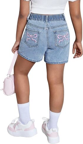 Girls Jean Shorts with Bow Embroidery High Elastic Waisted Denim Shorts Cute Y2k Summer Jorts for Tweens 7-14Y in Saudi Arabia
