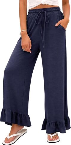 COZYPOIN Womens Wide Leg Pants Summer Casual Drawstring Elastic High Waisted Ruffle Hem Capri Palazzo Pants with Pockets in Saudi Arabia