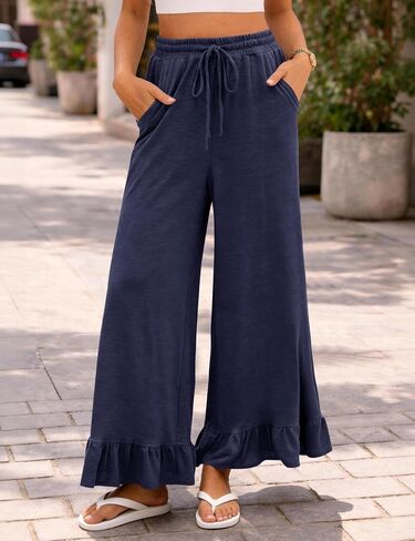 COZYPOIN Womens Wide Leg Pants Summer Casual Drawstring Elastic High Waisted Ruffle Hem Capri Palazzo Pants with Pockets in Saudi Arabia