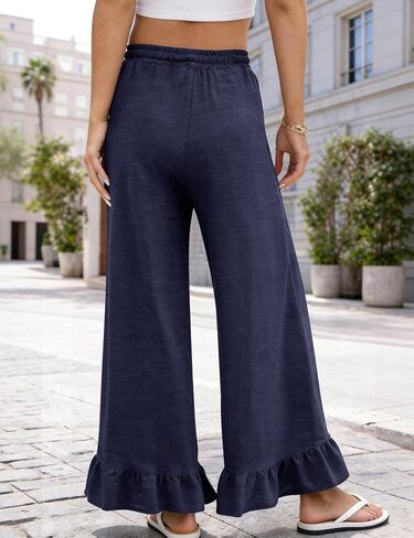 COZYPOIN Womens Wide Leg Pants Summer Casual Drawstring Elastic High Waisted Ruffle Hem Capri Palazzo Pants with Pockets in Saudi Arabia