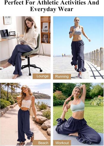 COZYPOIN Womens Wide Leg Pants Summer Casual Drawstring Elastic High Waisted Ruffle Hem Capri Palazzo Pants with Pockets in Saudi Arabia