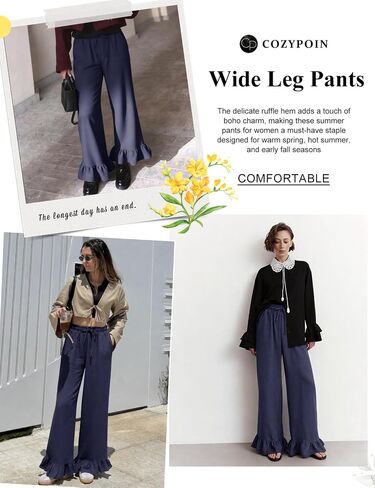 COZYPOIN Womens Wide Leg Pants Summer Casual Drawstring Elastic High Waisted Ruffle Hem Capri Palazzo Pants with Pockets in Saudi Arabia