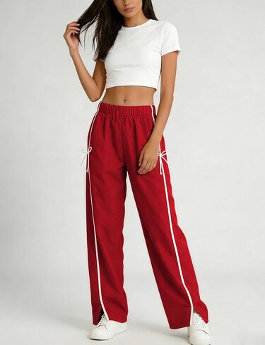 Athlisan Womens Striped Wide Leg Palazzo Pants Casual Elastic Waisted Bow Workout Track Pants with Pockets(Red-M) in Kuwait