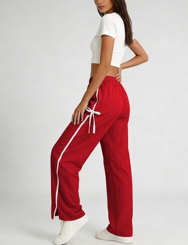 Athlisan Womens Striped Wide Leg Palazzo Pants Casual Elastic Waisted Bow Workout Track Pants with Pockets(Red-M) in Kuwait