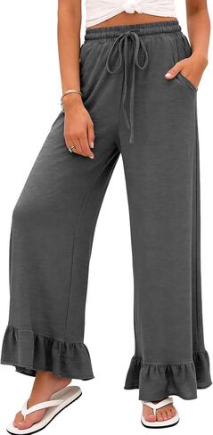 COZYPOIN Womens Wide Leg Pants Summer Casual Drawstring Elastic High Waisted Ruffle Hem Capri Palazzo Pants with Pockets in Saudi Arabia