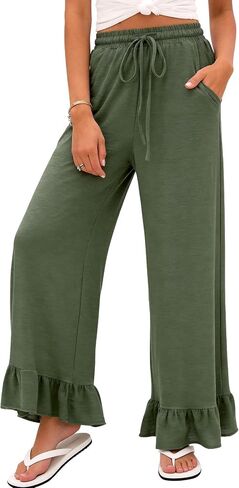 COZYPOIN Womens Wide Leg Pants Summer Casual Drawstring Elastic High Waisted Ruffle Hem Capri Palazzo Pants with Pockets in Saudi Arabia