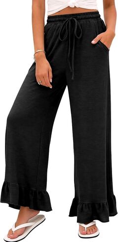 COZYPOIN Womens Wide Leg Pants Summer Casual Drawstring Elastic High Waisted Ruffle Hem Capri Palazzo Pants with Pockets in Saudi Arabia