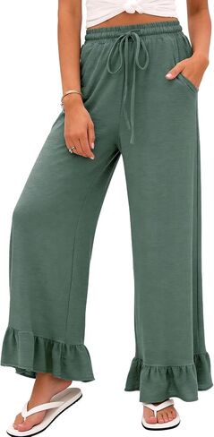 COZYPOIN Womens Wide Leg Pants Summer Casual Drawstring Elastic High Waisted Ruffle Hem Capri Palazzo Pants with Pockets in Saudi Arabia