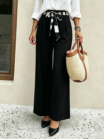 Women's High Waisted Wide Leg Pants Casual Satin Palazzo Trousers with Self Tie Belt Black Flowy Dress Pants in Kuwait