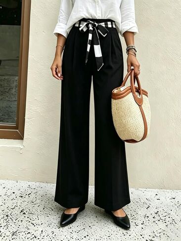 Women's High Waisted Wide Leg Pants Casual Satin Palazzo Trousers with Self Tie Belt Black Flowy Dress Pants in Kuwait