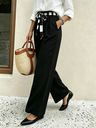 Women's High Waisted Wide Leg Pants Casual Satin Palazzo Trousers with Self Tie Belt Black Flowy Dress Pants in Kuwait