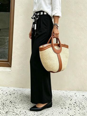 Women's High Waisted Wide Leg Pants Casual Satin Palazzo Trousers with Self Tie Belt Black Flowy Dress Pants in Kuwait