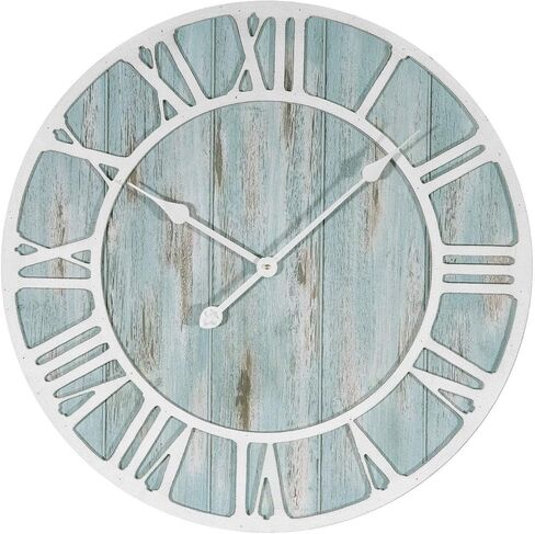 23.5-inch Round Blue Quartz Coastal Wall Clock Beach Nautical Metal Plastic Wood Antique Roman Numeral Display in Kuwait