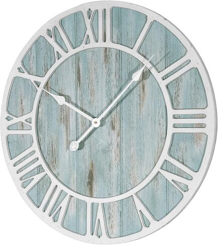 23.5-inch Round Blue Quartz Coastal Wall Clock Beach Nautical Metal Plastic Wood Antique Roman Numeral Display in Kuwait