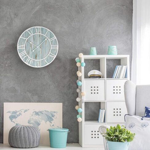23.5-inch Round Blue Quartz Coastal Wall Clock Beach Nautical Metal Plastic Wood Antique Roman Numeral Display in Kuwait