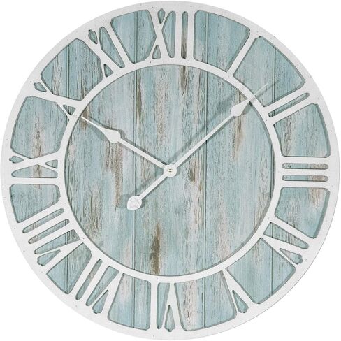 23.5-inch Round Blue Quartz Coastal Wall Clock Beach Nautical Metal Plastic Wood Antique Roman Numeral Display in Kuwait