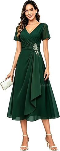 Tea Length Mother of The Bride Dresses for Women Beaded A Line Formal Wedding Guest Dress with Sleeves in Saudi Arabia