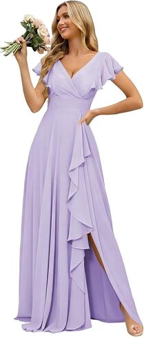 Women's V-Neck Bridesmaid Dresses with Slit for Wedding Guest Chiffon Ruffle Short Sleeves Formal Dress in Kuwait