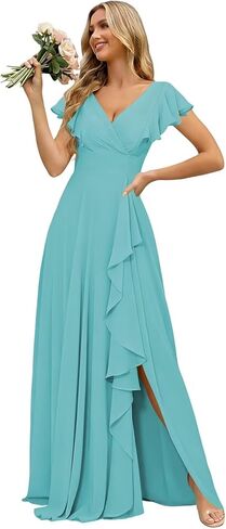 Women's V-Neck Bridesmaid Dresses with Slit for Wedding Guest Chiffon Ruffle Short Sleeves Formal Dress in Kuwait