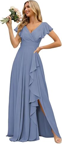 Women's V-Neck Bridesmaid Dresses with Slit for Wedding Guest Chiffon Ruffle Short Sleeves Formal Dress in Kuwait
