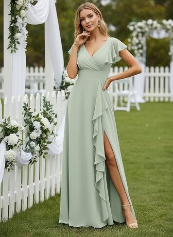 Women's V-Neck Bridesmaid Dresses with Slit for Wedding Guest Chiffon Ruffle Short Sleeves Formal Dress in Kuwait