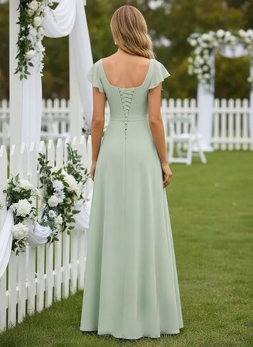 Women's V-Neck Bridesmaid Dresses with Slit for Wedding Guest Chiffon Ruffle Short Sleeves Formal Dress in Kuwait