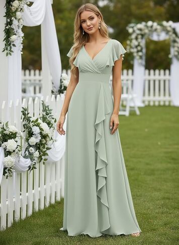 Women's V-Neck Bridesmaid Dresses with Slit for Wedding Guest Chiffon Ruffle Short Sleeves Formal Dress in Kuwait