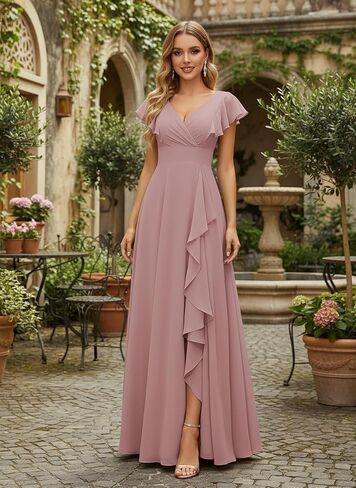 Women's V-Neck Bridesmaid Dresses with Slit for Wedding Guest Chiffon Ruffle Short Sleeves Formal Dress in Kuwait