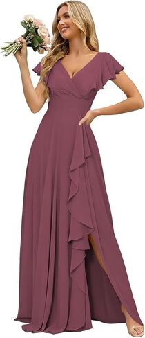 Women's V-Neck Bridesmaid Dresses with Slit for Wedding Guest Chiffon Ruffle Short Sleeves Formal Dress in Kuwait