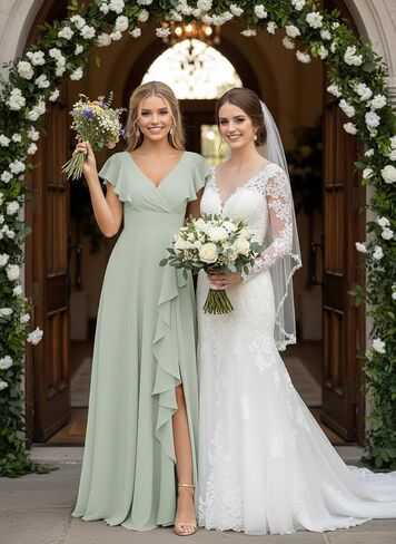 Women's V-Neck Bridesmaid Dresses with Slit for Wedding Guest Chiffon Ruffle Short Sleeves Formal Dress in Kuwait