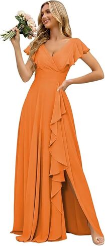Women's V-Neck Bridesmaid Dresses with Slit for Wedding Guest Chiffon Ruffle Short Sleeves Formal Dress in Kuwait