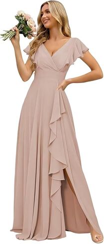 Women's V-Neck Bridesmaid Dresses with Slit for Wedding Guest Chiffon Ruffle Short Sleeves Formal Dress in Kuwait