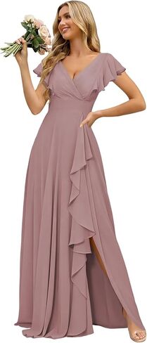Women's V-Neck Bridesmaid Dresses with Slit for Wedding Guest Chiffon Ruffle Short Sleeves Formal Dress in Kuwait