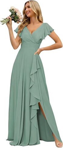 Women's V-Neck Bridesmaid Dresses with Slit for Wedding Guest Chiffon Ruffle Short Sleeves Formal Dress in Kuwait