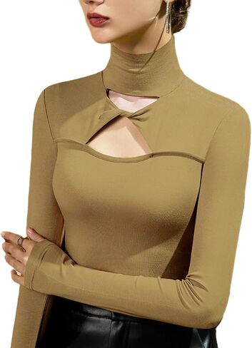 Women Chest Hollow Out Shirt Elegant Mock Neck Long Sleeve Slim Fit Solid Color Pullover Tops Undershirts in Saudi Arabia
