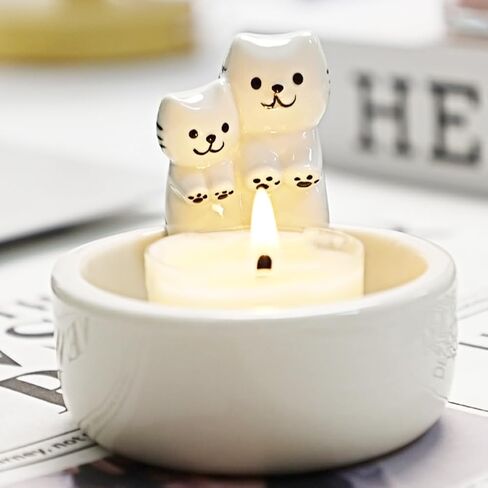 Cartoon Kitten Candle Holder, Handmade Ceramic Candlestick,Cartoon Kitty Warming Its Paws Cute Light Holder, Gift for Girl Women, Cat Lover Choice(Size:Couple Kitten) in Saudi Arabia