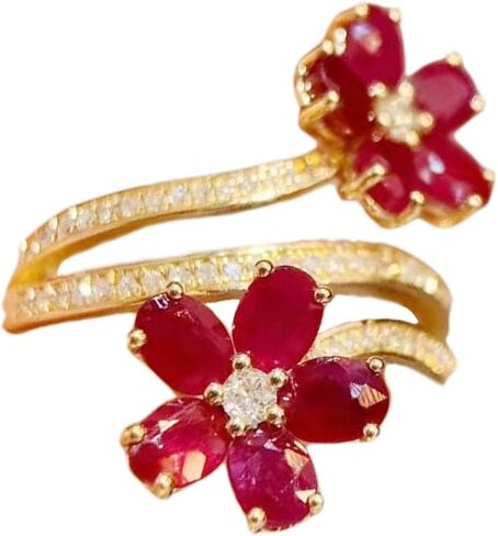 Gold Tone Dual Red Flower Cubic Zirconia Ring, Copper Base Triple Open Band Ring for Women, Perfect for Daily Wear & Gift in Saudi Arabia