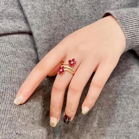 Gold Tone Dual Red Flower Cubic Zirconia Ring, Copper Base Triple Open Band Ring for Women, Perfect for Daily Wear & Gift in Saudi Arabia