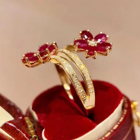 Gold Tone Dual Red Flower Cubic Zirconia Ring, Copper Base Triple Open Band Ring for Women, Perfect for Daily Wear & Gift in Saudi Arabia