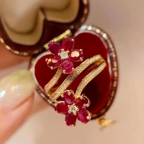 Gold Tone Dual Red Flower Cubic Zirconia Ring, Copper Base Triple Open Band Ring for Women, Perfect for Daily Wear & Gift in Saudi Arabia