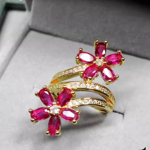 Gold Tone Dual Red Flower Cubic Zirconia Ring, Copper Base Triple Open Band Ring for Women, Perfect for Daily Wear & Gift in Saudi Arabia